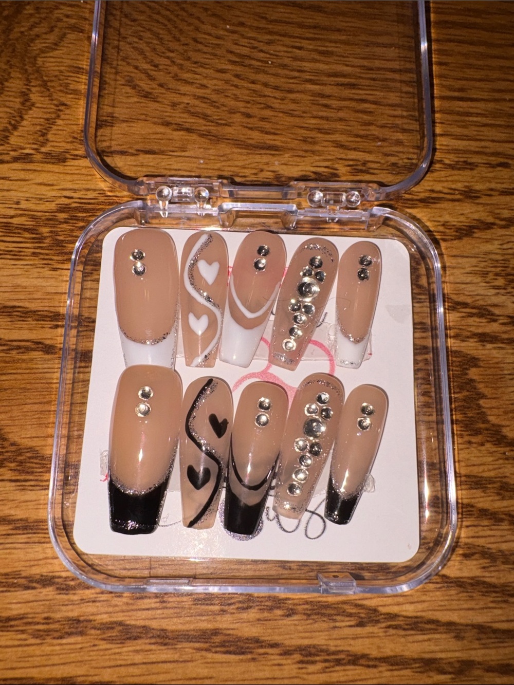 Nude & Black Heart Accent Press-On Nails with Rhinestones